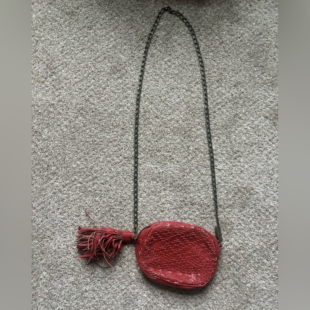 Anthropologie Red Woven Crossbody Bag with Chain strap